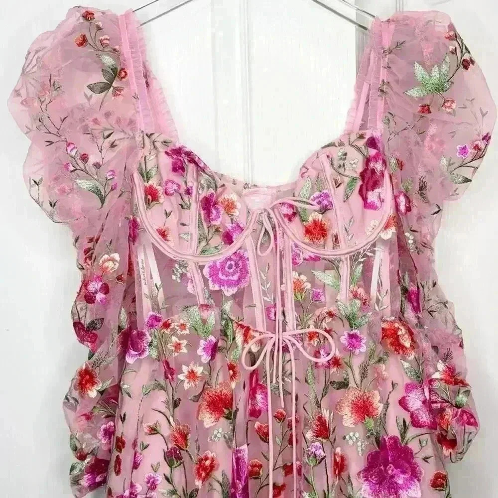 NWT For Love & Lemons Tayla Ruffle Corset Embroidered Puff Sleeve Dress Size XS - Picture 9 of 16